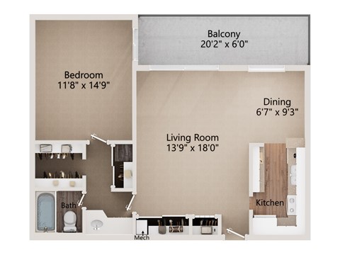 Floor plan for 1 bed, 1 bath, 767 sqft